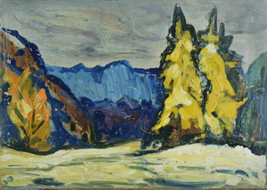 Werkverzeichnis Nr. 389, um 1968, Gelbe Lärchen im Gebirge, Öl auf Karton, 36,5 x 51,0 cm
