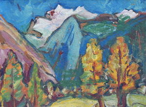 Werkverzeichnis Nr. 390, um 1968, Berge mit Bäumen, Öl auf Karton, 36,8 x 48,9 cm,
						Rückseite bemalt mit Werkverzeichnis Nr. 391, Notkarspitze, um 1968