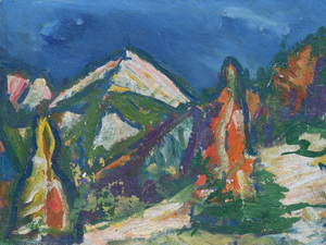 Werkverzeichnis Nr. 392,  1968, Notkarspitze, Öl auf Karton, 37,0 x 49,8 cm,
						Rückseite bemalt mit Werkverzeichnis Nr. 390, Berge mit Bäumen, um 1968 