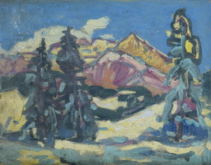 Werkverzeichnis Nr. 393, um 1968, Berge mit Bäume, Öl auf Karton, 37,8 x 48,7 cm