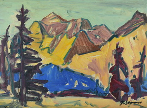 Werkverzeichnis Nr. 394, um 1968, Berge mit Bäumen, Öl auf Hartfaser, 37,8 x 52,8 cm,
						bez, u.r.: K. Sommer 