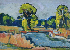 Werkverzeichnis Nr. 377, um 1968, An der Amper,  Acryl auf Karton, 38,0 x 53,2 cm