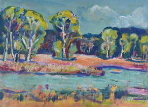 Werkverzeichnis Nr. 378, um 1968, Blick über die Amper, Acryl auf Karton, 38,1 x 53,0 cm
