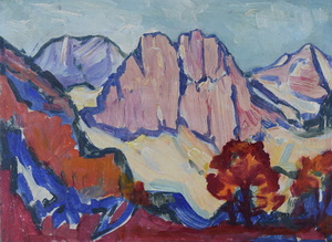 Werkverzeichnis Nr. 396, um 1968, Alpenlandschaft, Öl auf Karton, 38,4 x 52,8 cm