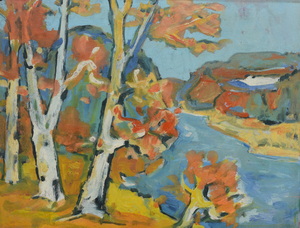 Werkverzeichnis Nr. 985, um 1976, Isar mit Steilufer, Öl auf Karton, 38,8 x 48,5 cm