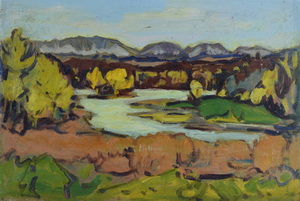 Werkverzeichnis Nr. 381, um 1968, Ostersee, Öl auf Karton, 39,6 x 59,2 cm	