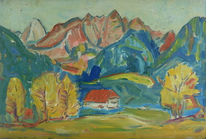 Werkverzeichnis Nr. 382, um 1968, Haus in den Bergen, Öl auf Karton, 39,6 x 59,6 cm