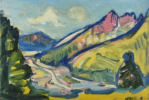 Werkverzeichnis Nr. 383, um 1968, Blick in eine Gebirgstal mit Fluss, Öl auf Karton, 39,7 x 58,3 cm
