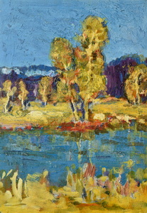 Werkverzeichnis Nr. 379, um 1968, Bäume an einem Weiher, Öl auf Karton, 58,0 x 40,0 cm
						Rückseite von Werkverzeichnis Nr. 307, Würm im Mühltal bei Starnberg, um 1968, Sammlung Marianne und Michael Gorkow, Berlin	