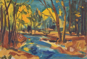 Werkverzeichnis Nr. 380, um 1968, Würm im Mühltal bei Starnberg, Öl auf Karton, 40,0 x 58,0 cm,
						Rückseite bemalt mit Werkverzeichnis Nr. 308, Bäume an einem Weiher, um 1968, Sammlung Marianne und Michael Gorkow, Berlin