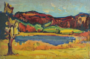 Werkverzeichnis Nr. 403, um 1968, Bergige Landschaft mit See, Öl auf Sperrholz, 43,2 x 65,8 cm