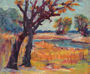 Werkverzeichnis Nr. 407 um 1968, Kahle Bäume an einem Fluss, Öl auf Hartfaser, 47,4 x 58,2 cm