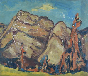Werkverzeichnis Nr. 415, um 1968, Bergmassiv mit kahlen Bäumen, Öl auf Karton, 49,3 x 56,8 cm