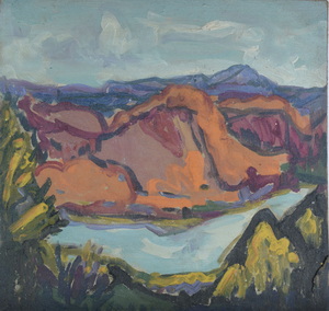 Werkverzeichnis Nr. 418, um 1968, Königsee, Öl auf Karton, 51,2 x 54,7 cm