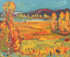 Werkverzeichnis Nr. 420, um 1968,  Mooslandschaft mit Bäumen, Öl auf Hartfaser, 55,8 x 68,3 cm,
						Rückseite von Werkverzeichnis Nr. 419, Geislergruppe, Dolomiten Südtirol, um 1968 
