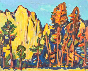 Werkverzeichnis Nr. 419 um 1968, Geislergruppe, Dolomiten Südtirol, Öl auf Hartfaser, 55,8 x 68,3 cm
						Rückseite bemalt mit Werkverzeichnis Nr. 420, Mooslandschaft mit Bäumen, um 1968, Publikation: Martin von Ostrowski: 
						Konrad Sommer, Natur und Abstraktion, Berlin 2019, Abb.Umschlagvorderseite, Bez. S. 84 