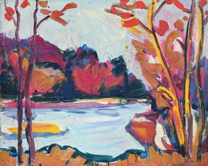 Werkverzeichnis Nr. 421, um 1968, Bäume an der Isar, Öl auf Karton, 56,2 x 70,8 cm