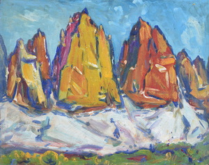 Werkverzeichnis Nr. 422, um 1968, Drei Zinnen, Öl auf Hartfaser, 56,4 x 71,0 cm