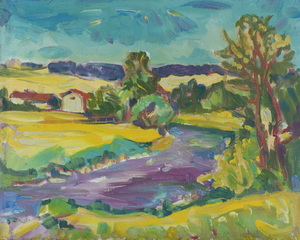 Werkverzeichnis Nr. 373, um 1968, Hügelige Landschaft mit Bach und Häusern, Öl auf Hartfaser, 56,5 x 71,0 cm