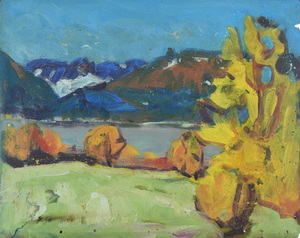 Werkverzeichnis Nr. 395, um 1968, Alpensee mit Bäumen, 56,5 x 71,2 cm