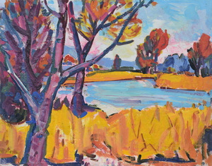 Werkverzeichnis Nr. 408, um 1968, Kahle Bäume an einem Fluss, Öl auf Hartfaser, 56,5 x 71,5 cm 