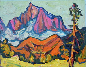 Werkverzeichnis Nr. 427, um 1968, Weisshorn in Pink, Öl auf Hartfaser, 56,7 x 71,0 cm