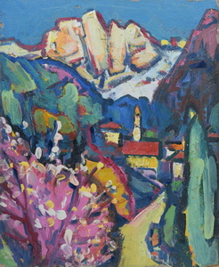 Werkverzeichnis Nr. 433, um 1968, Mandelblüte in den Dolomiten, Öl auf Hartfaser, 67,8 x 56,6 cm