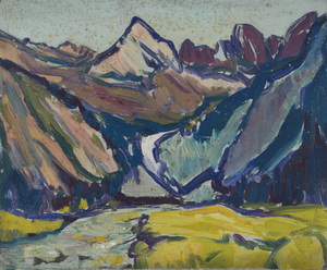 Werkverzeichnis Nr. 409, um 1968, Blick in ein Gebirgstal, Öl auf Karton, 32,2 x 39,1 cm 