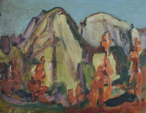 Werkverzeichnis Nr. 410, um 1968, Rote Bäume und Berge, Öl auf Karton, 37,3 x 48,2 cm 