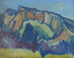 Werkverzeichnis Nr. 412, um 1968, Gebirgsstock, Öl auf Karton, 37,4 x 48,2 cm 