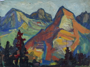 Werkverzeichnis Nr. 392,  1968, Berg in Rot und Orange, Öl auf Holz, 38,0 x 50,2 cm