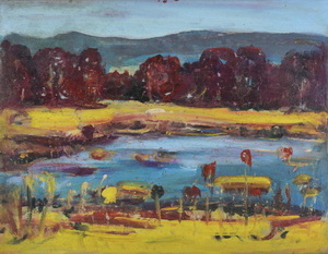 Werkverzeichnis Nr. 404, um 1968, Gewässer in den Voralpen, Öl auf Karton, 38,6 x 48,6 cm