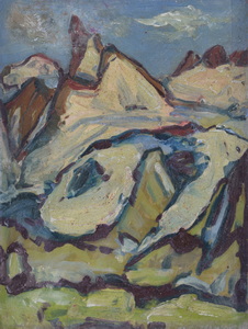 Werkverzeichnis Nr. 414, um 1968, Mit Schnee bedeckte Berge, Öl auf Karton, 48,6 x 37,3 cm 