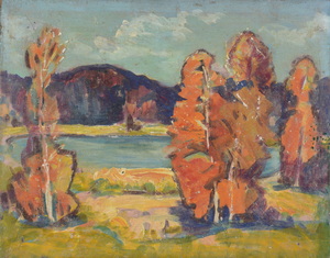 Werkverzeichnis Nr. 405, um 1968, See mit orangen Bäumen, Öl auf Hartfaser, 56,5 x 70,8 cm