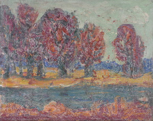 Werkverzeichnis Nr. 406, um 1968, Gewässer mit roten Bäumen, mit weißlichem Schleier übermalt, Öl auf Hartfaser, 56,5 x 71,0 cm