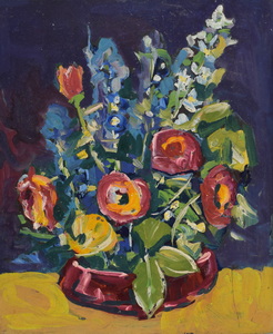 Werkverzeichnis Nr. 436 um 1968, Blumenstillleben vor schwarzem Grund, Öl auf Karton, 56,8 x 47,5 cm