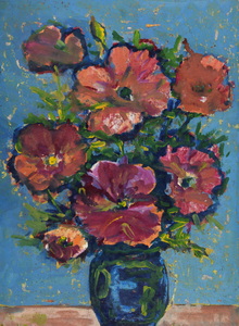 Werkverzeichnis Nr. 437 um 1968, Mohnblumen vor blauem Grund, Öl auf Hartfaser, 63,1 x 47,8 cm