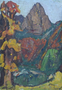 Werkverzeichnis Nr. 413, um 1968, Bergspitze und ein Baum, Öl auf Karton, 48,0 x 38,8 cm 