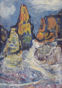 Werkverzeichnis Nr. 474, um 1969-1990, Bergspitzen, Acryl, Öl auf Karton, 56,7 x 40,4 cm