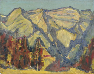 Werkverzeichnis Nr. 466, um 1969 mit späterer Übermalung, Bergmassiv mit roten Bäumen, Acryl, Öl auf Hartfaser, 56,7 x 71,0 cm