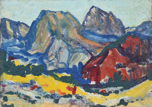 Werkverzeichnis Nr. 481, um 1969, Watzmann, Öl auf Karton, 57,0 x 80,2 cm, 
						Rückseite bemalt mit Werkverzeichnis Nr. 482, um 1969, Bäume vor Bergen