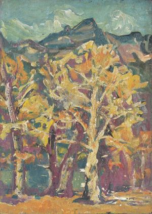 Werkverzeichnis Nr. 482, um 1969, Bäume vor Bergen, Öl auf Karton, 80,2 x 57,0 cm,
						Rückseite von Werkverzeichnis Nr. 481, Watzmann, um  1969