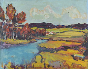 Werkverzeichnis Nr. 492, um 1969, Bach mit Bäumen und Wiesen, Öl auf Hartfaser 56,5 x 71,2 cm