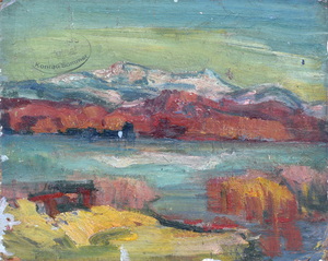 Werkverzeichnis Nr. 499, um 1969, Voralpensee, Öl auf Karton, 26,9 x 33,7 cm 
