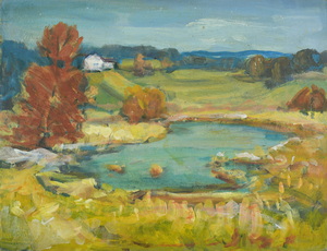Werkverzeichnis Nr. 500, um 1969, Teich mit Haus und Baum, Öl auf Karton, 26,0 x 34,3 cm