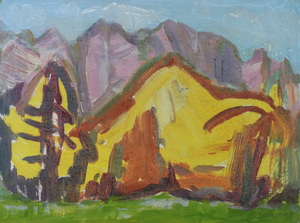 Werkverzeichnis Nr. 443, um 1969, Berge mit Bäumen, Öl auf Karton, 30,0 x 40,0 cm