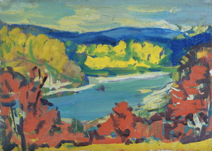 Werkverzeichnis Nr. 502, um 1969, Isar, Öl auf Karton, 38,0 x 52,8 cm