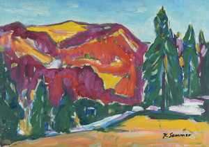 Werkverzeichnis Nr. 447 um 1969, Rote Berge mit Tannen, Öl auf Karton, 38,0 x 52,9 cm
