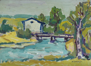 Werkverzeichnis Nr. 507, um 1969, Haus am Flußübergang, Öl auf Karton, 38,5 x 53,0 cm