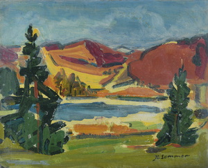 Werkverzeichnis Nr. 448, um 1969, Rote Hügel mit zwei Tannen an einem See, Öl auf Karton, 38,8 x 47,1 cm
